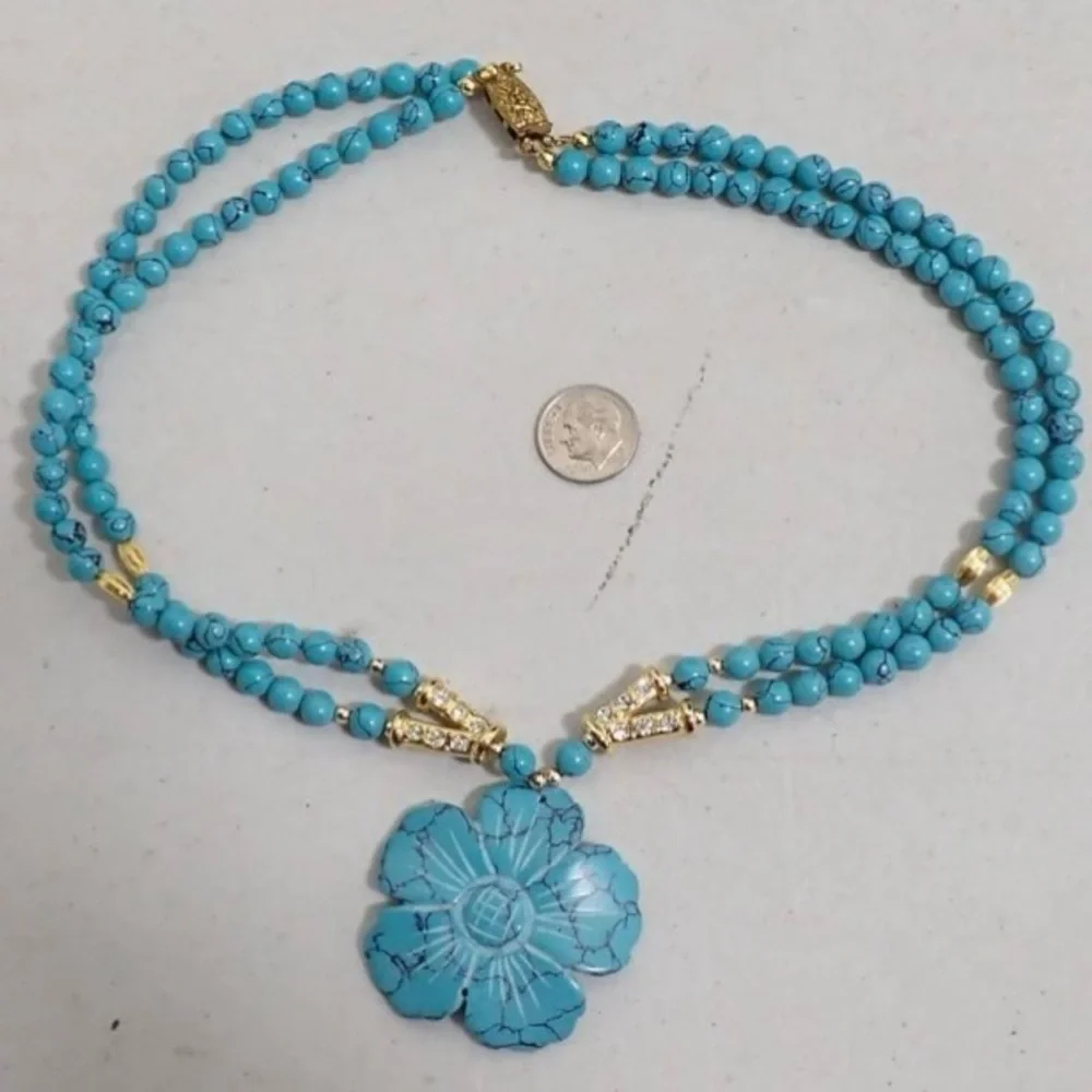 Blue Dyed Howlite Bead & Gold Tone Double Strand Necklace w/ Flower Pendant 17”